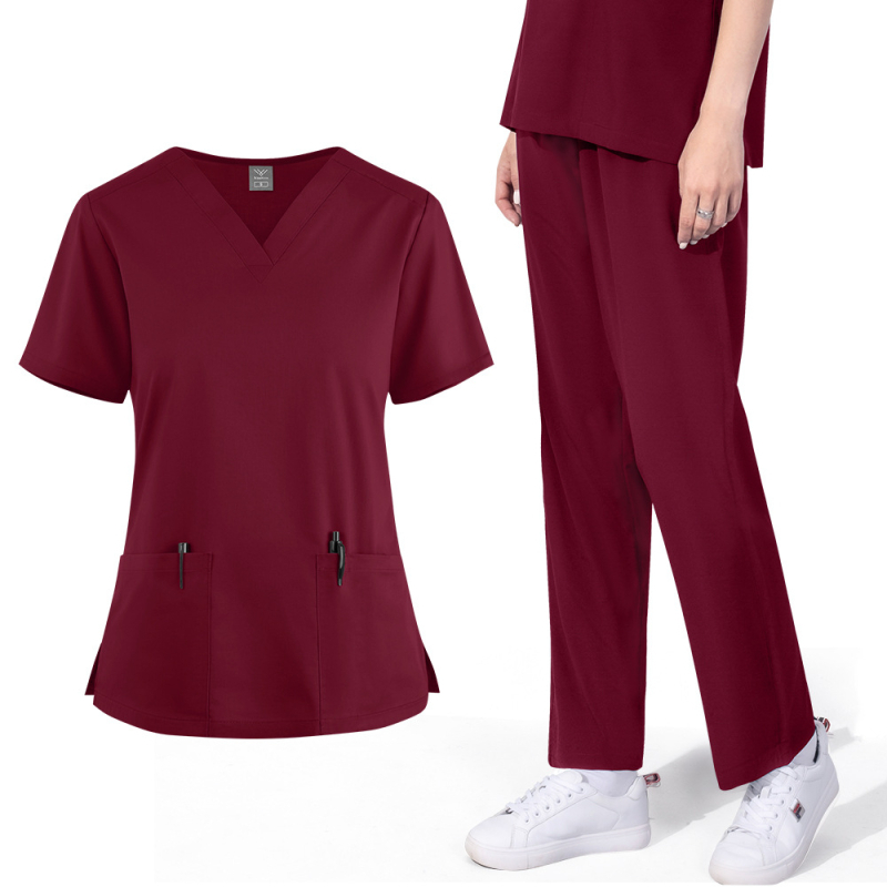 Unisex medicinska radna odjeća za dentalnu kliniku, gornji dio s V-izrezom i ravne hlače, materijal od poliestera koji odvodi vlagu, kratki rukavi, duljina gornjeg dijela 50–65 cm, pogodno za ljeto, proljeće i jesen