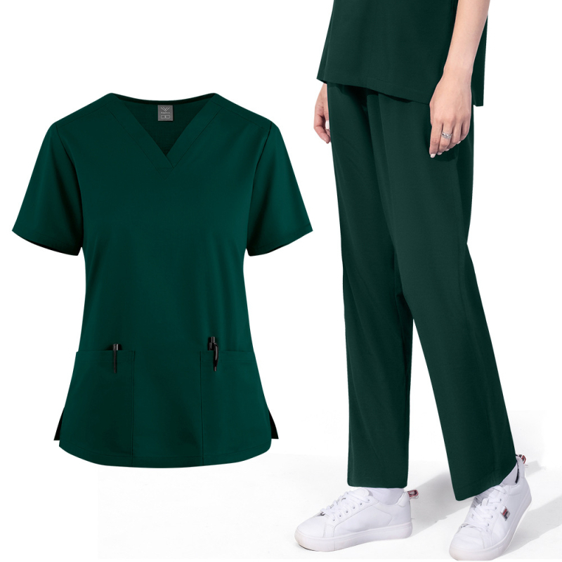 Unisex medicinska radna odjeća za dentalnu kliniku, gornji dio s V-izrezom i ravne hlače, materijal od poliestera koji odvodi vlagu, kratki rukavi, duljina gornjeg dijela 50–65 cm, pogodno za ljeto, proljeće i jesen