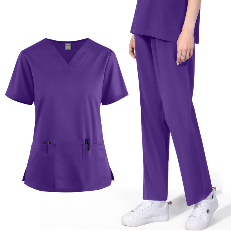 Unisex medicinska radna odjeća za dentalnu kliniku, gornji dio s V-izrezom i ravne hlače, materijal od poliestera koji odvodi vlagu, kratki rukavi, duljina gornjeg dijela 50–65 cm, pogodno za ljeto, proljeće i jesen