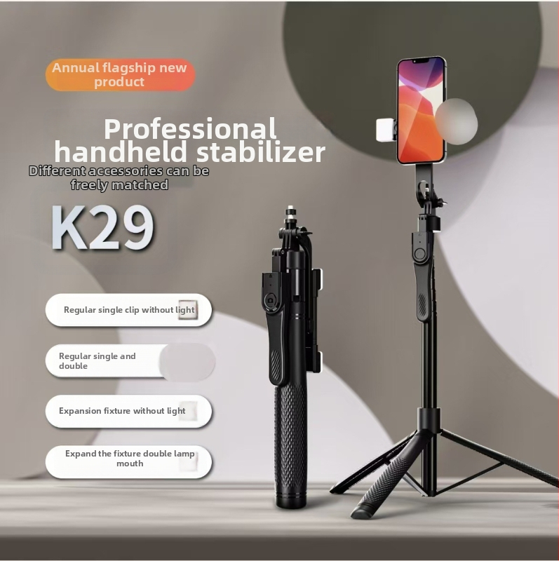 K29 Stabilizátor pre telefón so výsuvným statívom, rukoväť stabilizátor, hliníková zliatina, Bluetooth diaľkové ovládanie, vstavané svetlo