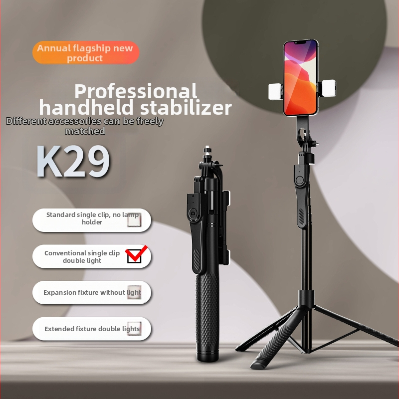 K29 Stabilizátor pre telefón so výsuvným statívom, rukoväť stabilizátor, hliníková zliatina, Bluetooth diaľkové ovládanie, vstavané svetlo