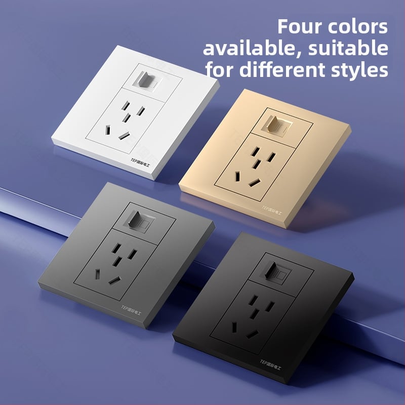 86 tipa sienas iekšējais panelis ar Cat6 tīkla portu un 5-pin barošanas kontaktu, 16 A, 220 V, tin-fosfora bronza kontakti, 3C sertifikāts