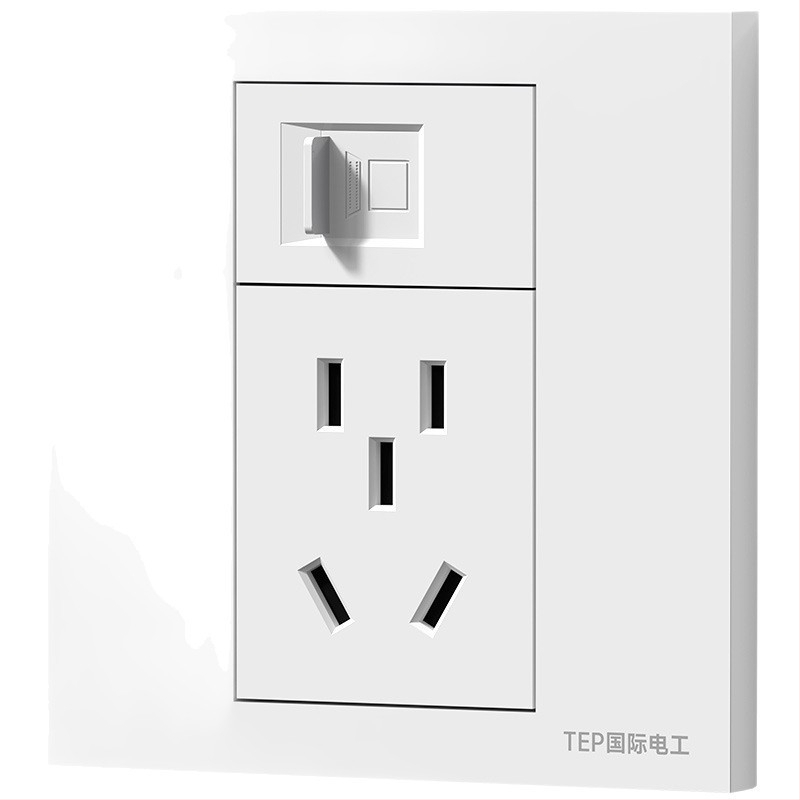 86 tipo sienos montuojamas slėptasis panelis su Cat6 tinklo portu ir 5-pin maitinimo lizdu, 16 A, 220 V, kontaktai iš tin-fosforo bronzos, 3C sertifikatas