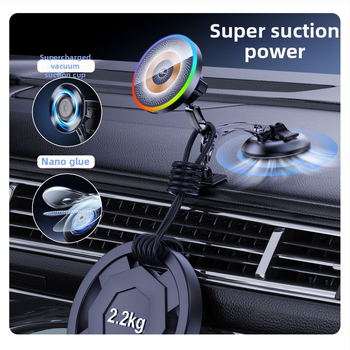 Magnetický držiak do auta s vákuovou základňou, 15W bezdrôtové nabíjanie, zinková zliatina, LED svetlo, proti otrasom