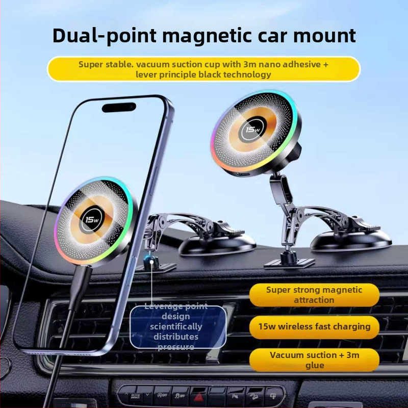 Magnetický držiak do auta s vákuovou základňou, 15W bezdrôtové nabíjanie, zinková zliatina, LED svetlo, proti otrasom