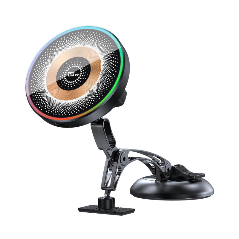 Magnetický držiak do auta s vákuovou základňou, 15W bezdrôtové nabíjanie, zinková zliatina, LED svetlo, proti otrasom