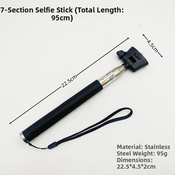 Selfie stick telescopic din oțel inoxidabil cu 7 secțiuni pentru GoPro și camere de acțiune; suportă până la 2 kg