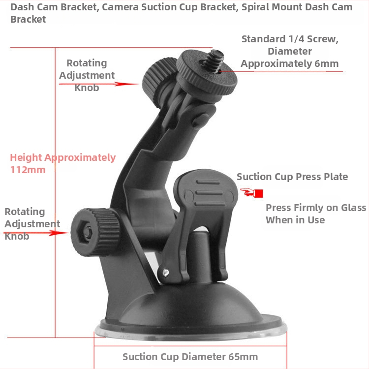 Suport cu ventuză pentru dash cam și navigație auto, din plastic, compatibil cu șurub 1/4"