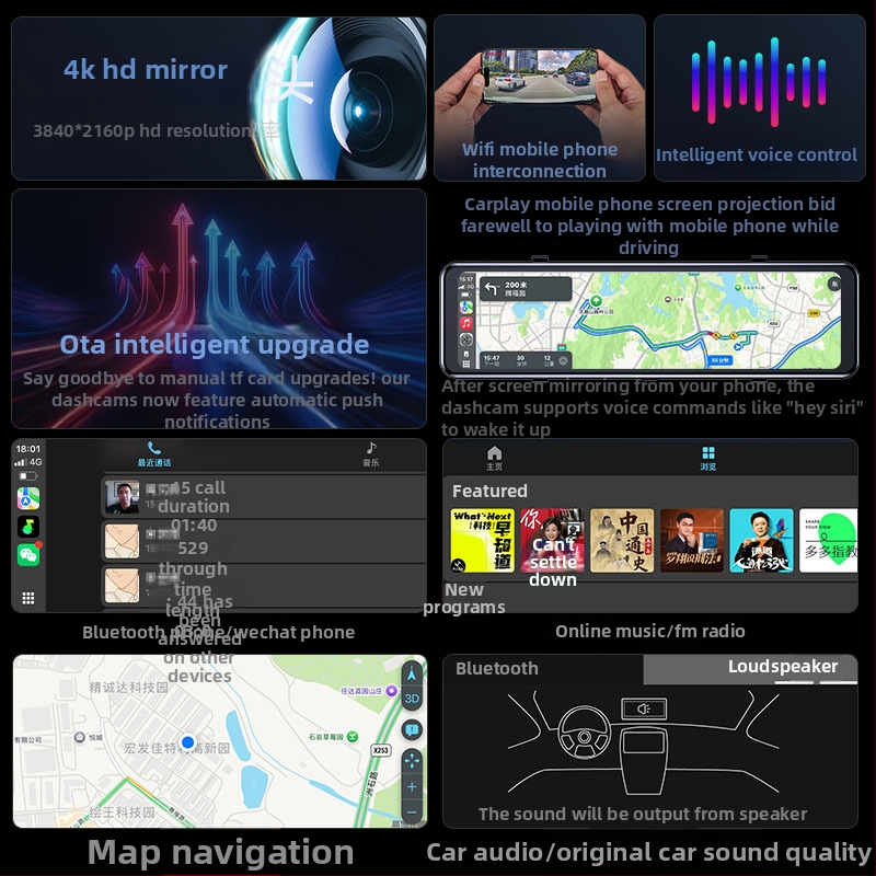 CarPlay dash cam с предна и задна двойна камера, 4K 2160p, цикличен запис, Wi-Fi, TF карта