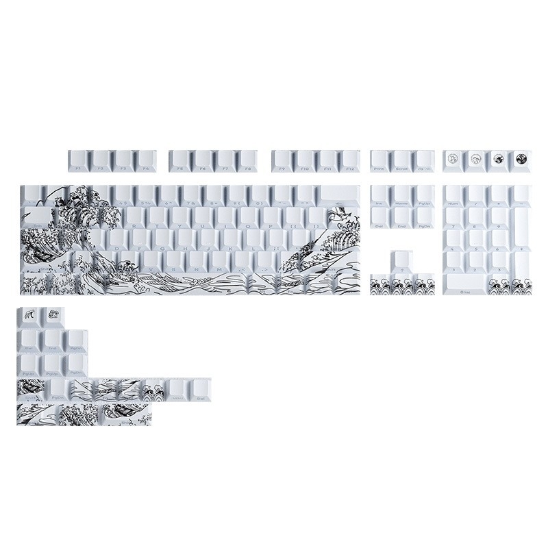 Σετ keycap για μηχανικό πληκτρολόγιο — πλευρική χαρακτική σε σχέδιο Ukiyo-e, υλικό PBT, συμβατότητα 87/98/108 πλήκτρων