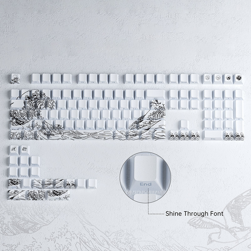Σετ keycap για μηχανικό πληκτρολόγιο — πλευρική χαρακτική σε σχέδιο Ukiyo-e, υλικό PBT, συμβατότητα 87/98/108 πλήκτρων