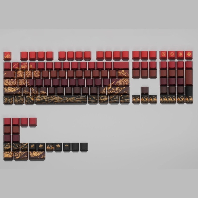 Σετ keycap για μηχανικό πληκτρολόγιο — πλευρική χαρακτική σε σχέδιο Ukiyo-e, υλικό PBT, συμβατότητα 87/98/108 πλήκτρων