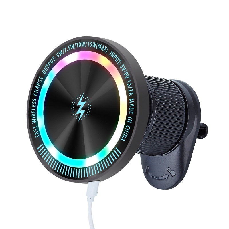 Магнитно автомобилно безжично зарядно с RGB амбиентно осветление и държач за телефон, 15W бързо зареждане, QC/PD съвместимост (5V/2A, 9V/2A, 12V/1.5A)