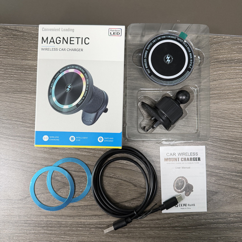 Магнитно автомобилно безжично зарядно с RGB амбиентно осветление и държач за телефон, 15W бързо зареждане, QC/PD съвместимост (5V/2A, 9V/2A, 12V/1.5A)