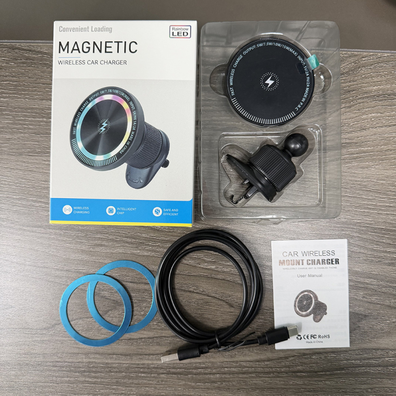 Магнитно автомобилно безжично зарядно с RGB амбиентно осветление и държач за телефон, 15W бързо зареждане, QC/PD съвместимост (5V/2A, 9V/2A, 12V/1.5A)