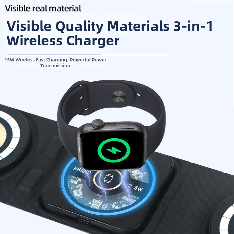 MagSafe 3-v-1 Bezdrôtová Nabíjačka s Priehľadným Magnetickým Držaním a Skladaným Dizajnom, PD 15W, Kompatibilné s Androidom a Slúchadlami