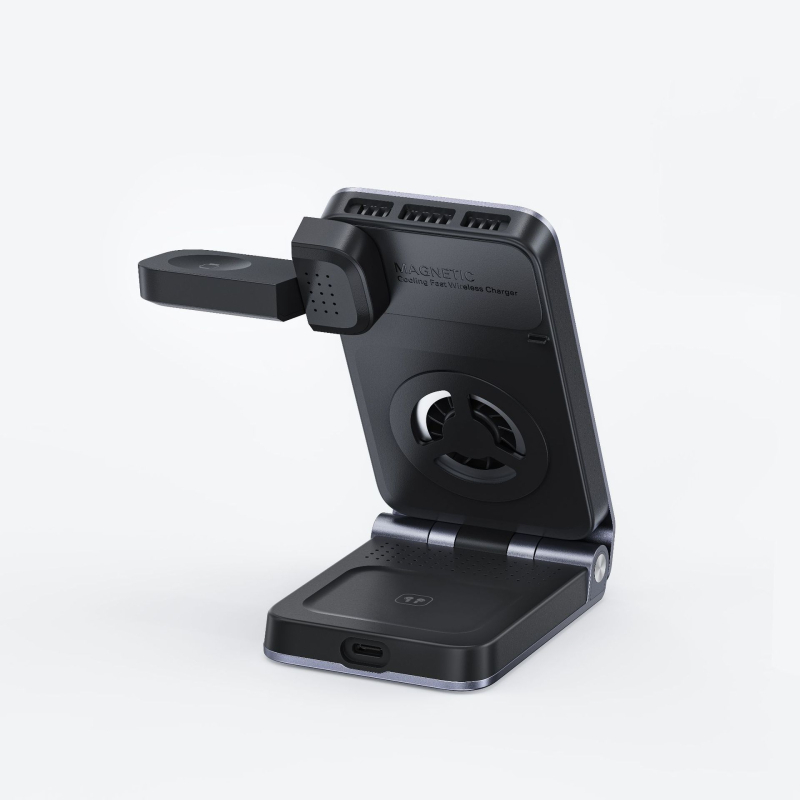 Suport de încărcare wireless cu încărcare magnetică, răcire, aliaj de aluminiu, Qi 2.2, 25W, 3 în 1