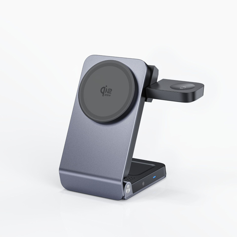 Suport de încărcare wireless cu încărcare magnetică, răcire, aliaj de aluminiu, Qi 2.2, 25W, 3 în 1