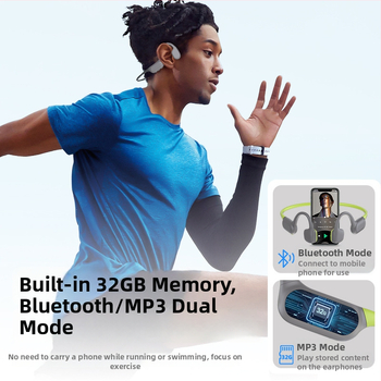 Slúchadlá s kostnou vodivosťou, IPX8 vodeodolné, Bluetooth 6.0, dosah 10 m, výdrž batérie 4–8 h, nositeľné na hlave, stereo pre obidva kanály, športový štýl, silikónový materiál