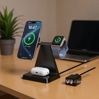 Magnézises 3-in-1 vezeték nélküli töltő Qi 2.2, mágneses töltés, kimenet 9V/2A, 18W teljesítmény – telefon-tartó