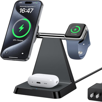 Magnézises 3-in-1 vezeték nélküli töltő Qi 2.2, mágneses töltés, kimenet 9V/2A, 18W teljesítmény – telefon-tartó