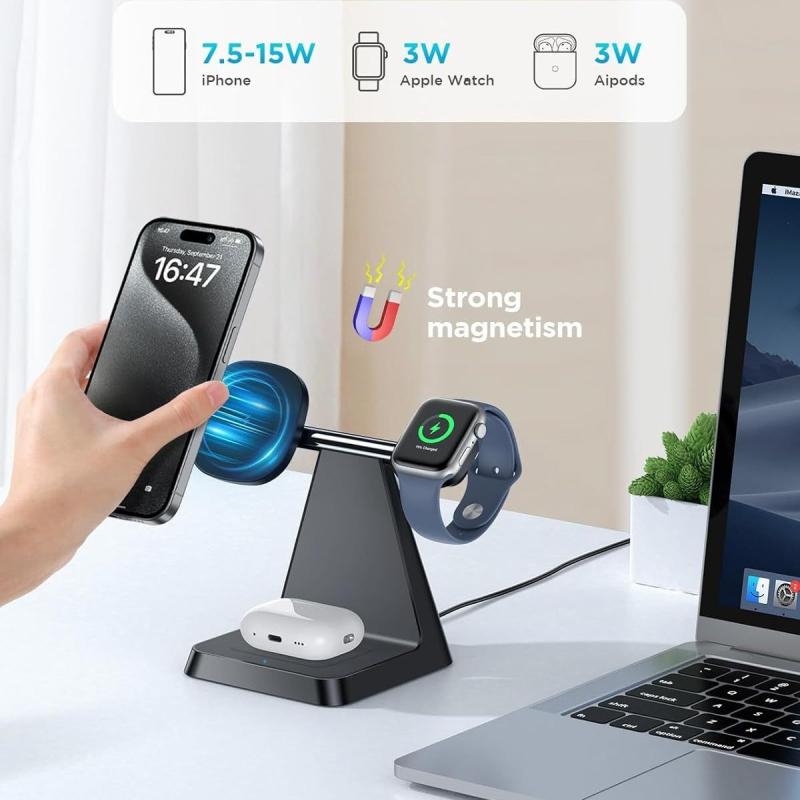 Magnézises 3-in-1 vezeték nélküli töltő Qi 2.2, mágneses töltés, kimenet 9V/2A, 18W teljesítmény – telefon-tartó