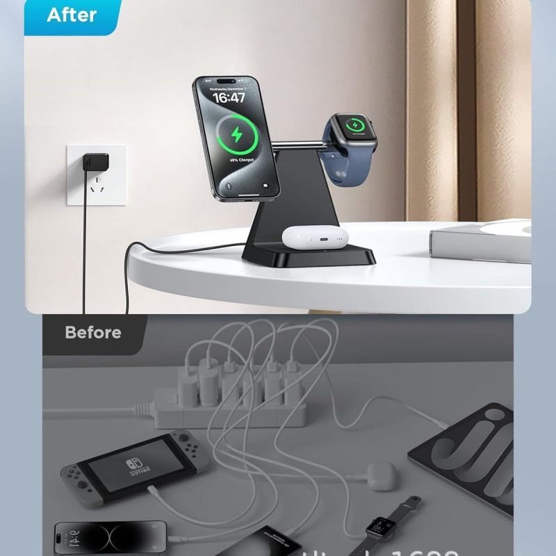 Magnézises 3-in-1 vezeték nélküli töltő Qi 2.2, mágneses töltés, kimenet 9V/2A, 18W teljesítmény – telefon-tartó