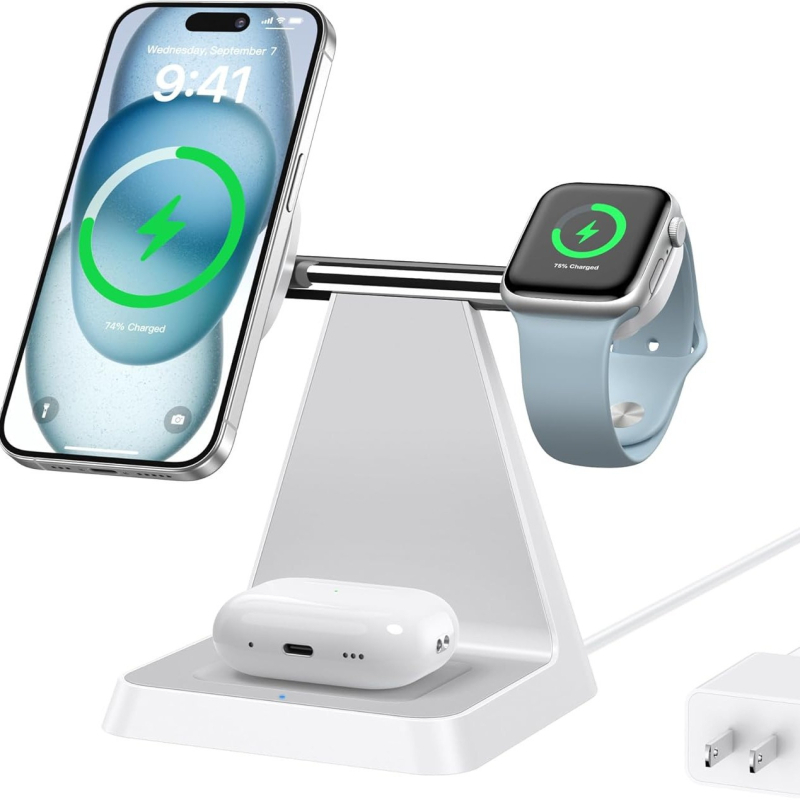 Magnézises 3-in-1 vezeték nélküli töltő Qi 2.2, mágneses töltés, kimenet 9V/2A, 18W teljesítmény – telefon-tartó