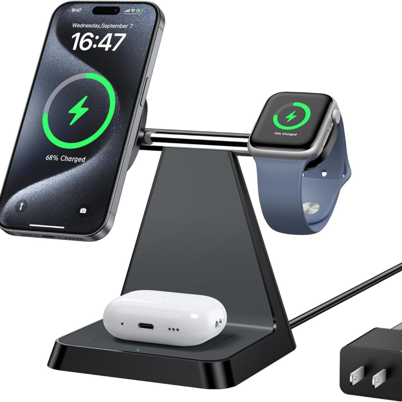 Magnézises 3-in-1 vezeték nélküli töltő Qi 2.2, mágneses töltés, kimenet 9V/2A, 18W teljesítmény – telefon-tartó