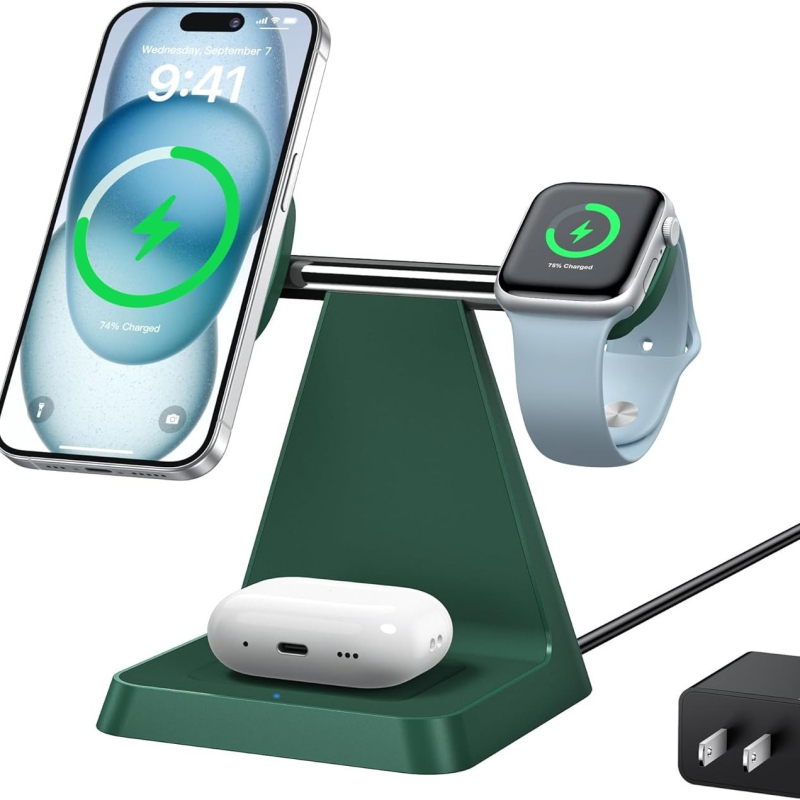 Magnézises 3-in-1 vezeték nélküli töltő Qi 2.2, mágneses töltés, kimenet 9V/2A, 18W teljesítmény – telefon-tartó