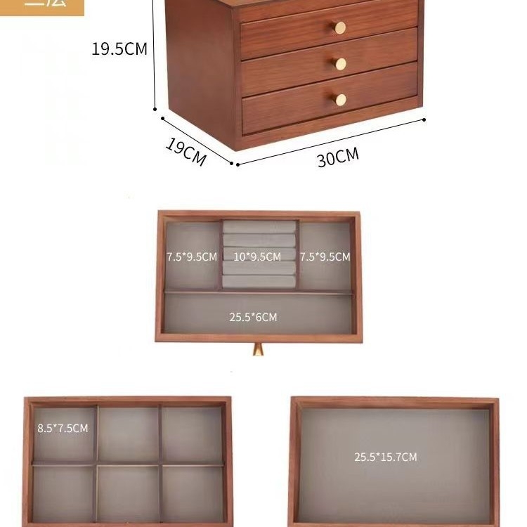 Cutie de bijuterii din lemn de paulownia, stil japonez, 3 sertare, model simplu