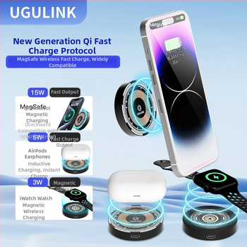 Alumíniumötvözetű három az egyben mágneses vezeték nélküli töltő Apple, Huawei és Android telefonokhoz, fülhallgatók és órák számára, 15W gyors töltés, 1,7A kimenet, Qi szabvány