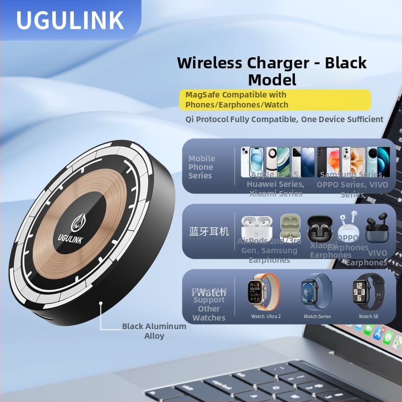 Alumíniumötvözetű három az egyben mágneses vezeték nélküli töltő Apple, Huawei és Android telefonokhoz, fülhallgatók és órák számára, 15W gyors töltés, 1,7A kimenet, Qi szabvány
