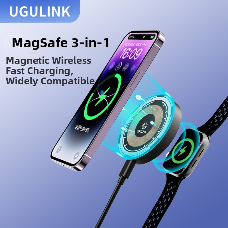 Alumíniumötvözetű három az egyben mágneses vezeték nélküli töltő Apple, Huawei és Android telefonokhoz, fülhallgatók és órák számára, 15W gyors töltés, 1,7A kimenet, Qi szabvány