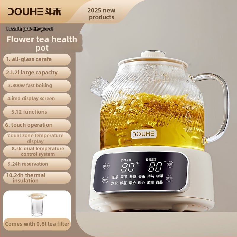Douhe stikla veselības tējas tējkanna, tilpums 1–1,5 l, 220 V, 500–1000 W, stikla iekšējais trauks, mikroprocesora kontrole, elektroniskais termostats, modelis DH-YS09, 2025