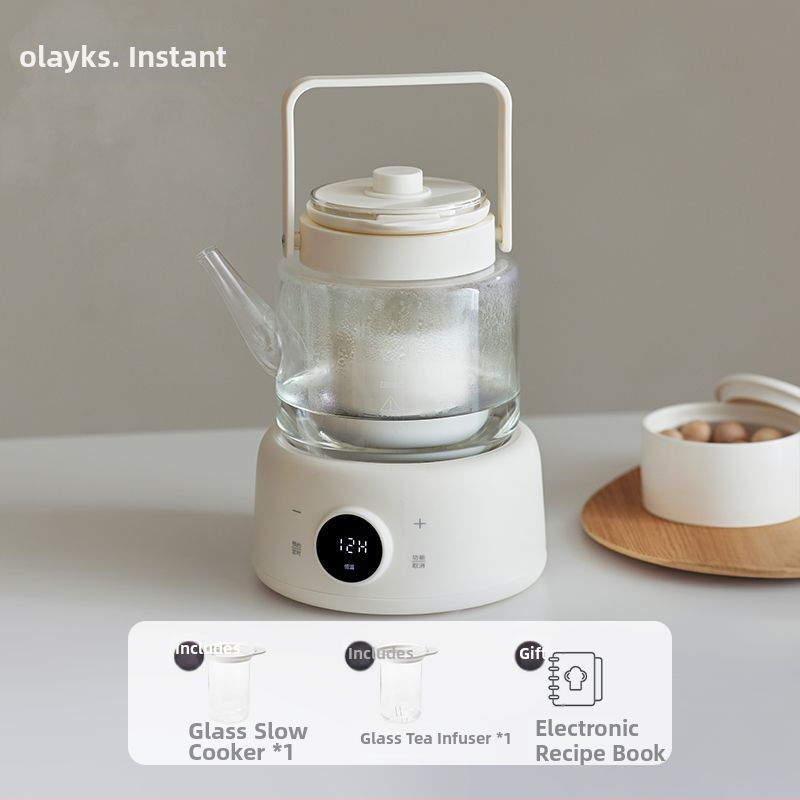 Stikla veselības tējas kanna 1 L, korpuss no borosilikāta stikla, iekšējā stikla tvertne, 220 V, 500–1000 W