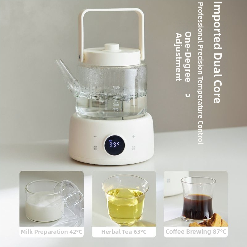 Stikla veselības tējas kanna 1 L, korpuss no borosilikāta stikla, iekšējā stikla tvertne, 220 V, 500–1000 W