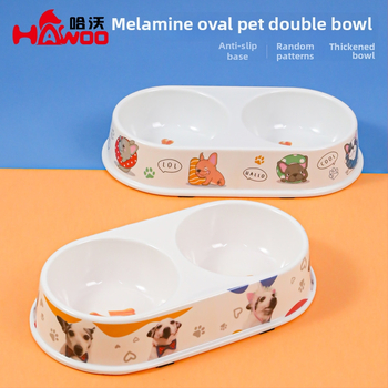 Овална меламиновата двойна купа за домашни любимци с дозатор за вода • Материал: меламин • Бранд: HAWOO • Лицензирана частна марка: Да • Ръчно хранене: Не • Опаковка: 120 бр./кутия