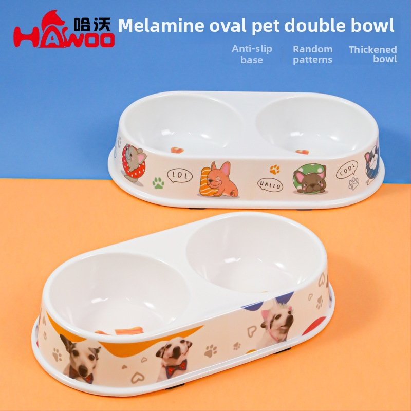 Овална меламиновата двойна купа за домашни любимци с дозатор за вода • Материал: меламин • Бранд: HAWOO • Лицензирана частна марка: Да • Ръчно хранене: Не • Опаковка: 120 бр./кутия