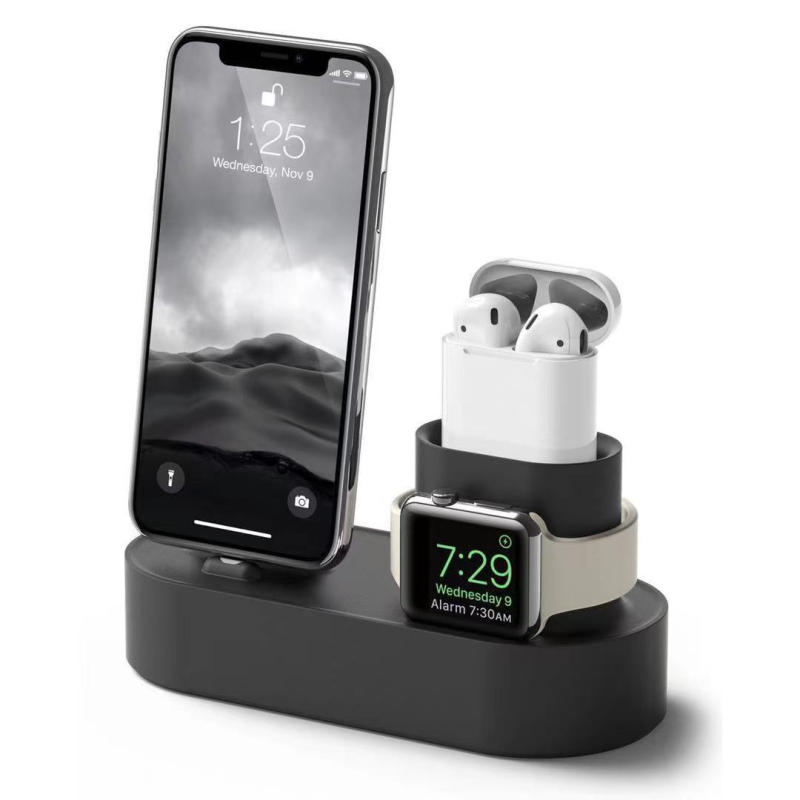 Suport de birou Apple cu bază de încărcare 3 în 1 din silicon, compatibil cu iPhone, Apple Watch și AirPods