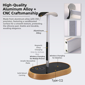 Datora galda statīvs austiņām ar bezvadu uzlādi, modeļa B15a, darbība uz datoru, pielāgošana pieejama