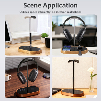 Datora galda statīvs austiņām ar bezvadu uzlādi, modeļa B15a, darbība uz datoru, pielāgošana pieejama