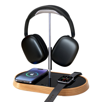 Datora galda statīvs austiņām ar bezvadu uzlādi, modeļa B15a, darbība uz datoru, pielāgošana pieejama