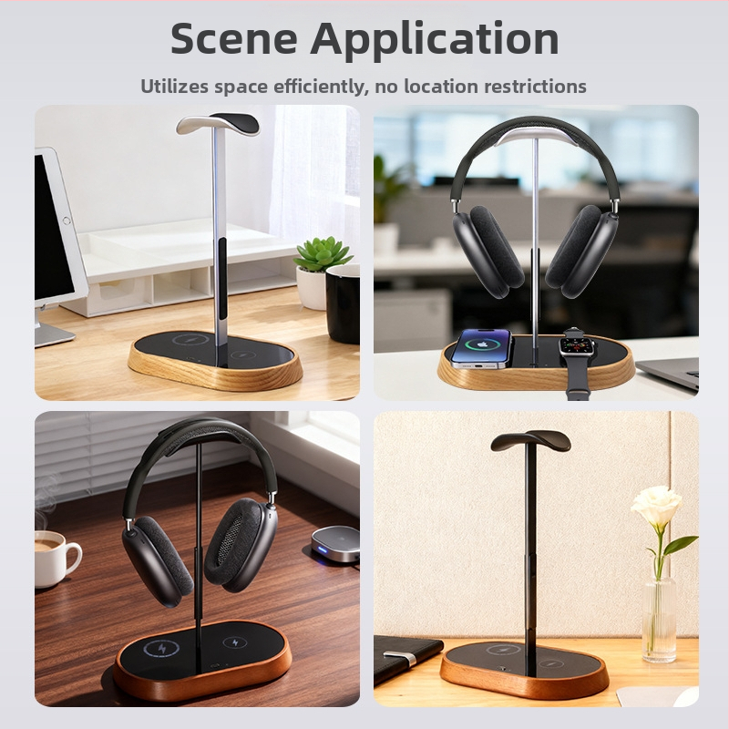 Datora galda statīvs austiņām ar bezvadu uzlādi, modeļa B15a, darbība uz datoru, pielāgošana pieejama