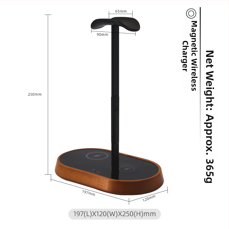 Datora galda statīvs austiņām ar bezvadu uzlādi, modeļa B15a, darbība uz datoru, pielāgošana pieejama