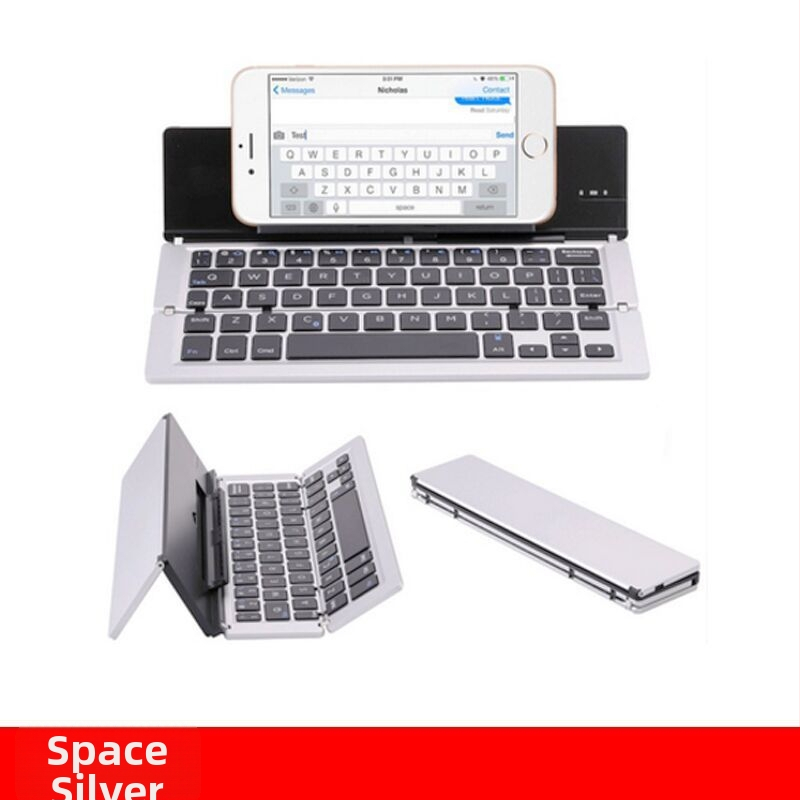Vezeték nélküli Bluetooth hajtogatható billentyűzet, alumínium ötvözetből, univerzális kompatibilitás, állvánnyal, telefonokhoz és tabletekhez