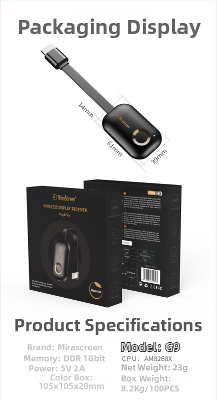 HDMI-s kimenetű vezeték nélküli képernyővetítés dongle, 1920x1080, AM8272 processzor, G9P modell, 5G WiFi