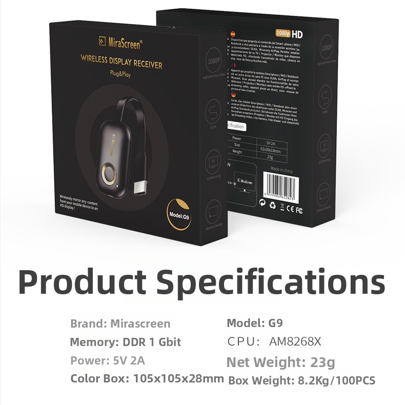 HDMI-s kimenetű vezeték nélküli képernyővetítés dongle, 1920x1080, AM8272 processzor, G9P modell, 5G WiFi
