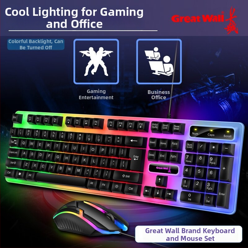 KM100 set klávesnice a myši, tichá podsvietená klávesnica pre kanceláriu a hry; USB pripojenie; optická myš 1000 DPI; anti-ghosting; kábel 1,3 m