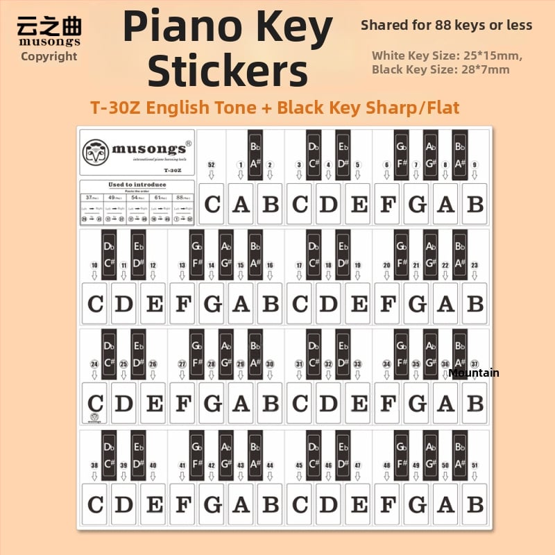 Set naljepnica za klavir: crne i bijele tipke, naljepnice ljestvica, model T-30Z, engleske slova, 886149